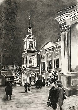 Покровский монастырь, бумага, уголь, 59*42, 2019 г.