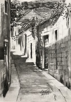 Хорватская улочка, бумага, уголь, 59*42, 2019 г.