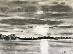 Закат на реке, бумага, уголь, 2018 г.