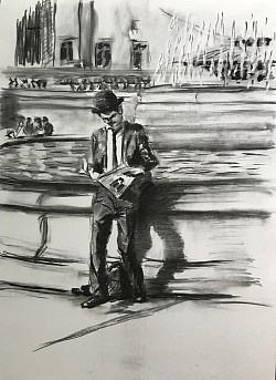 У фонтана, бумага, уголь, 2019.