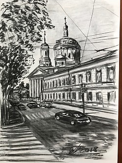 Улица Солженицына, уголь, бумага. 2018.