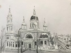 Храм преподобного Сергия Радонежского. Бумага, уголь, пастель. 2024.