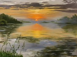 Рассвет на реке. Масло, холст. 2025